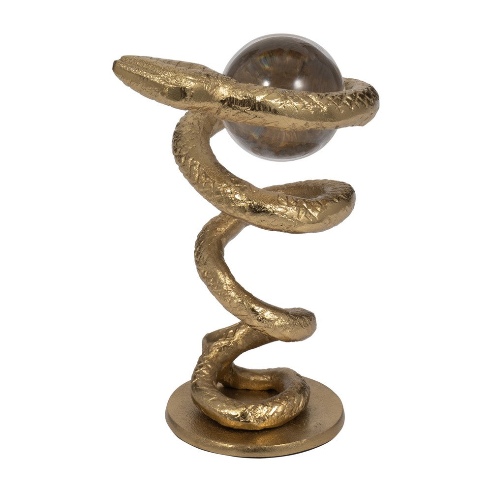 Orly Coiled Snake Figurine with Acrylic Ball Accent | Gold Metal 7"