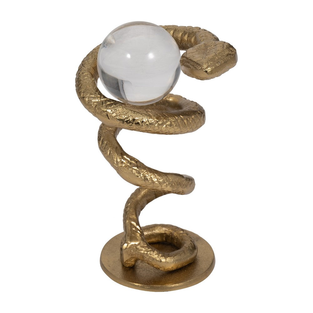 Orly Coiled Snake Figurine with Acrylic Ball Accent | Gold Metal 7"