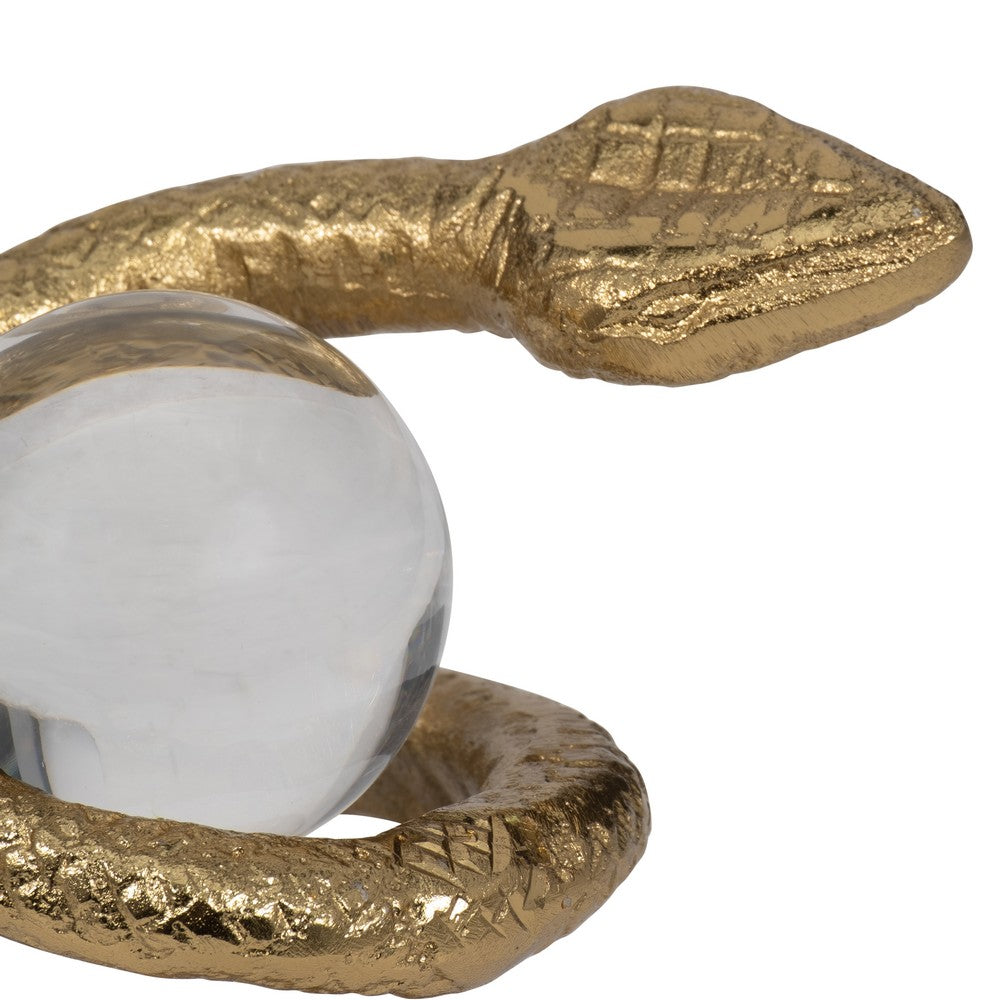 Orly Coiled Snake Figurine with Acrylic Ball Accent | Gold Metal 7"