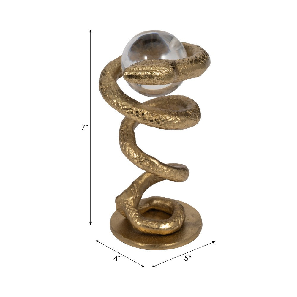 Orly Coiled Snake Figurine with Acrylic Ball Accent | Gold Metal 7"