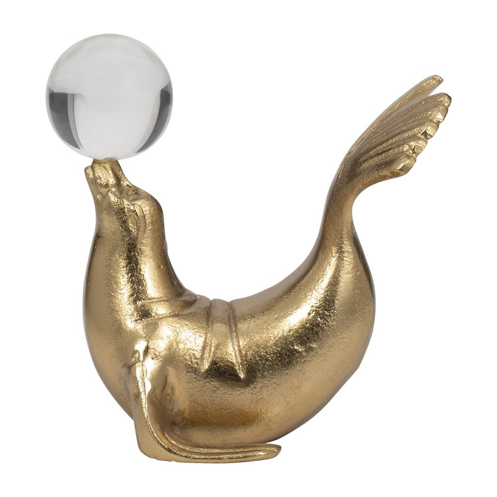 Sea Lion Figurine w Acrylic Orb | Coastal Style Gold Aluminum | 7"