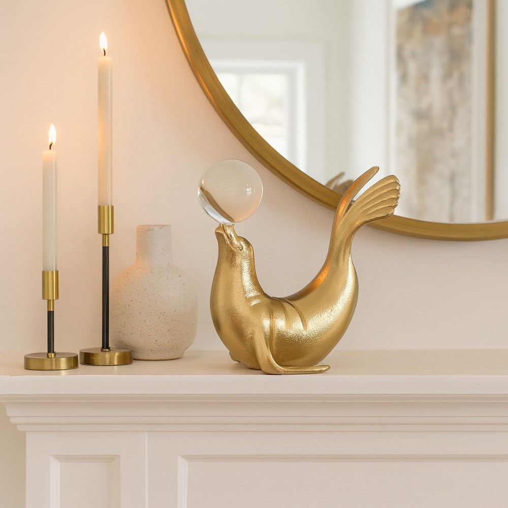 Sea Lion Figurine w Acrylic Orb | Coastal Style Gold Aluminum | 7"