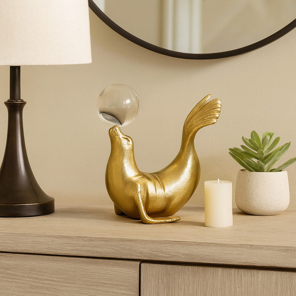 Sea Lion Figurine w Acrylic Orb | Coastal Style Gold Aluminum | 7"