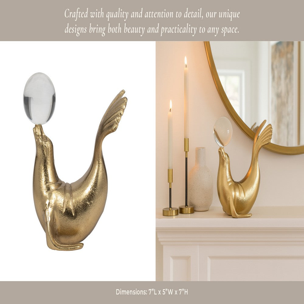 Sea Lion Figurine w Acrylic Orb | Coastal Style Gold Aluminum | 7"