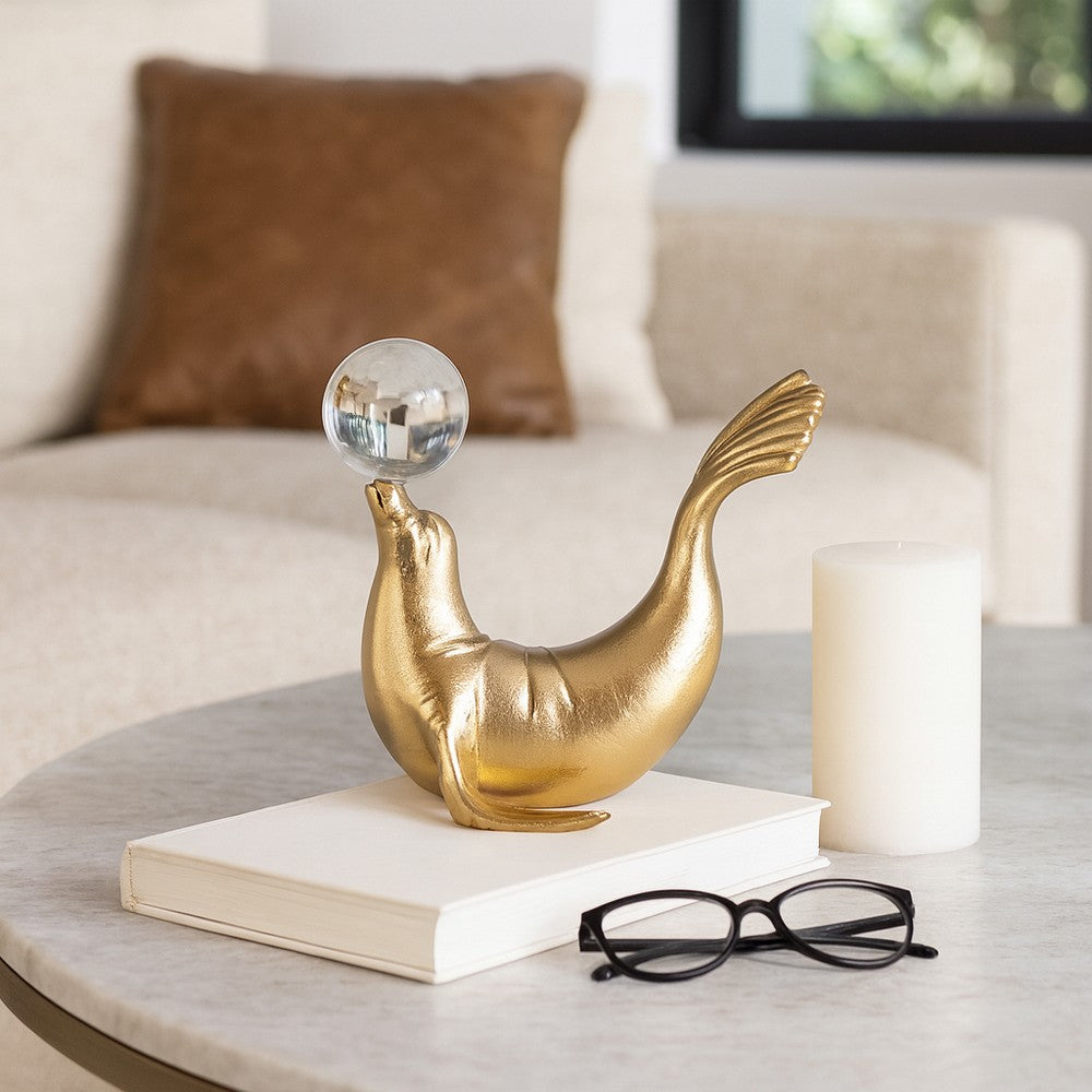 Sea Lion Figurine w Acrylic Orb | Coastal Style Gold Aluminum | 7"
