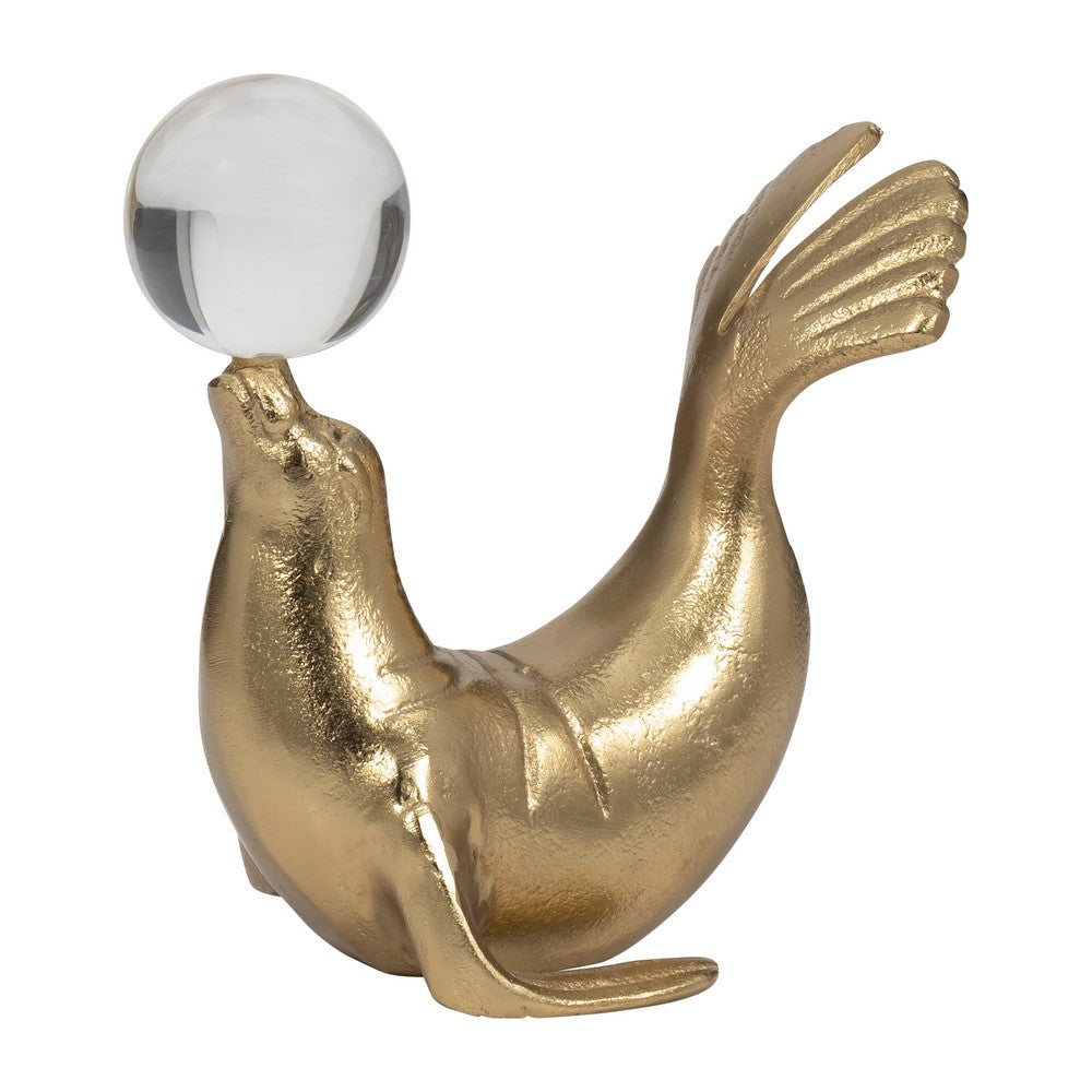 Sea Lion Figurine w Acrylic Orb | Coastal Style Gold Aluminum | 7"