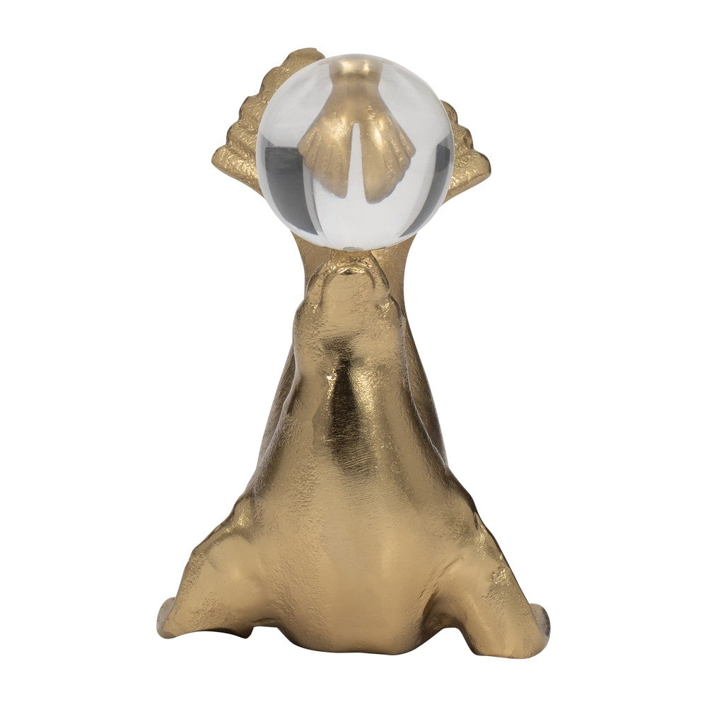 Sea Lion Figurine w Acrylic Orb | Coastal Style Gold Aluminum | 7"
