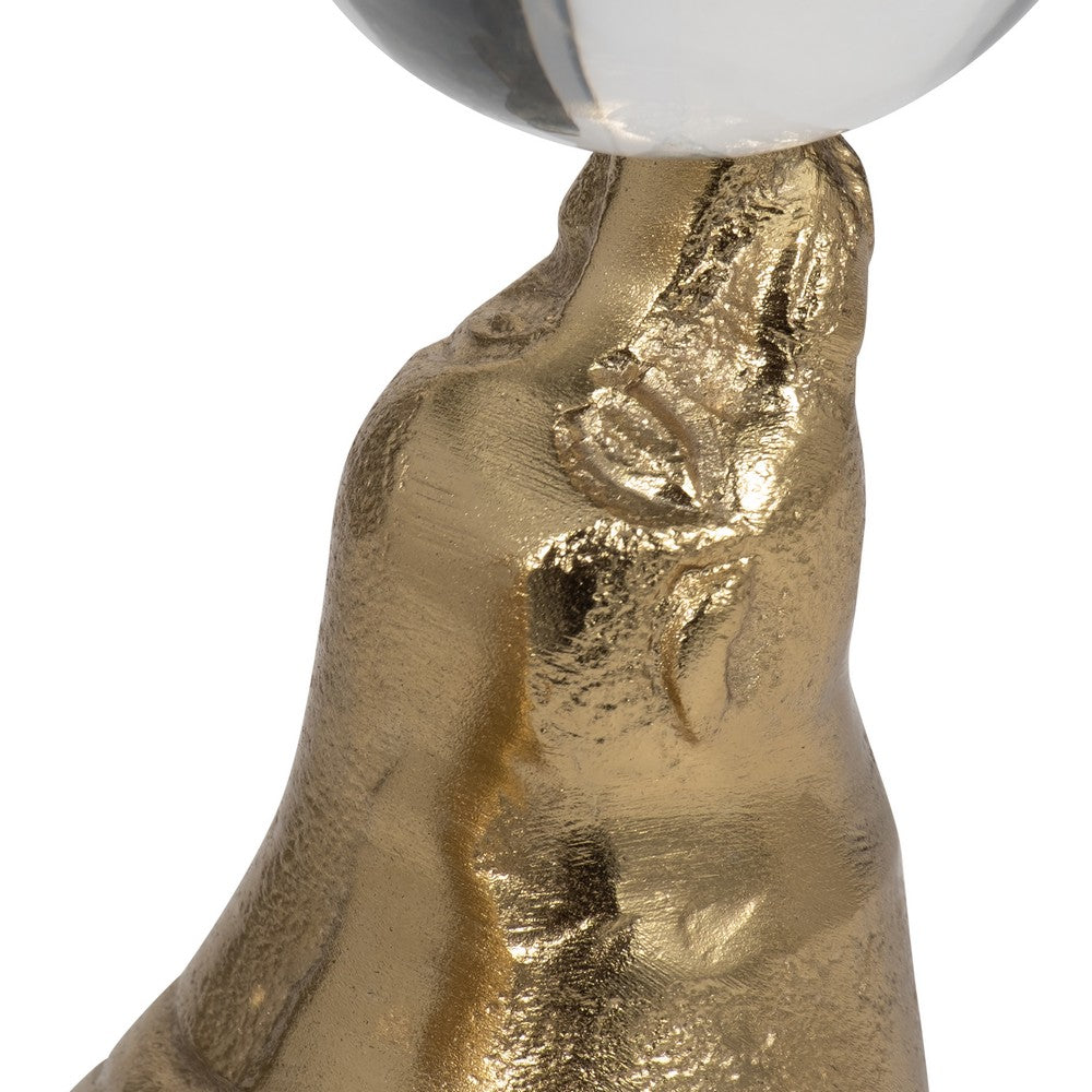 Sea Lion Figurine w Acrylic Orb | Coastal Style Gold Aluminum | 7"