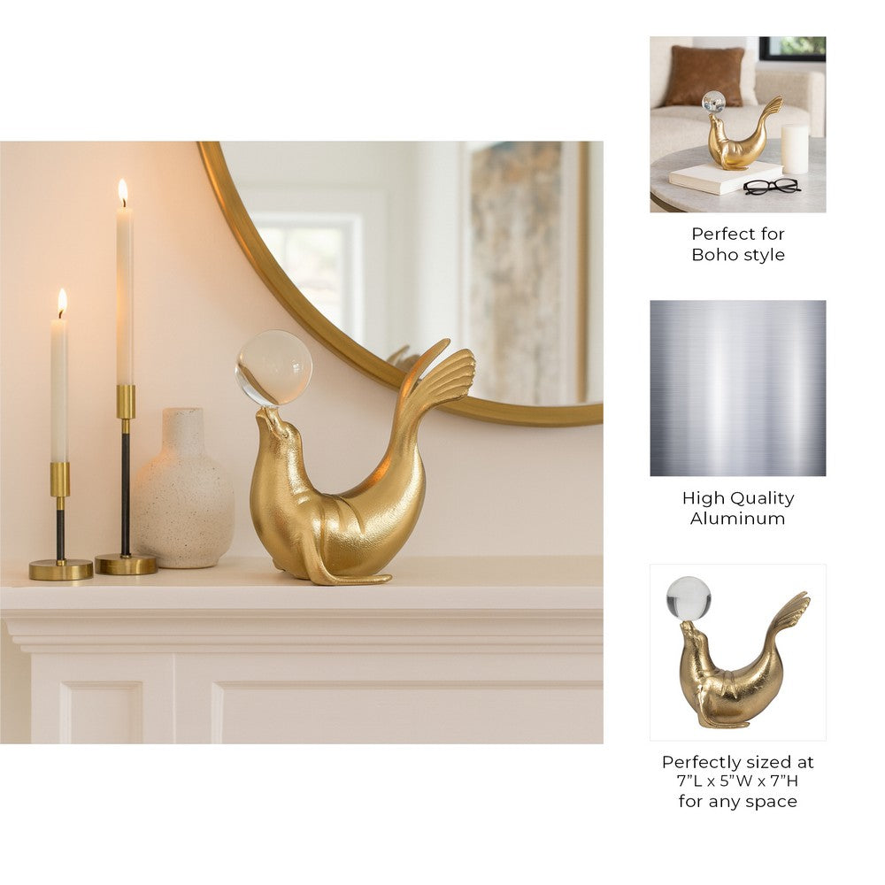 Sea Lion Figurine w Acrylic Orb | Coastal Style Gold Aluminum | 7"