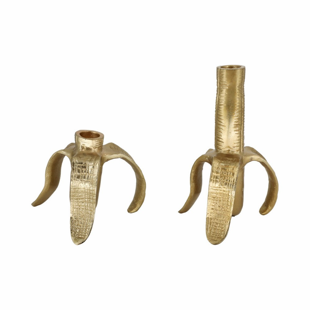Decorative Taper Candle Holder Set of 2 | Gold Aluminum Banana Design