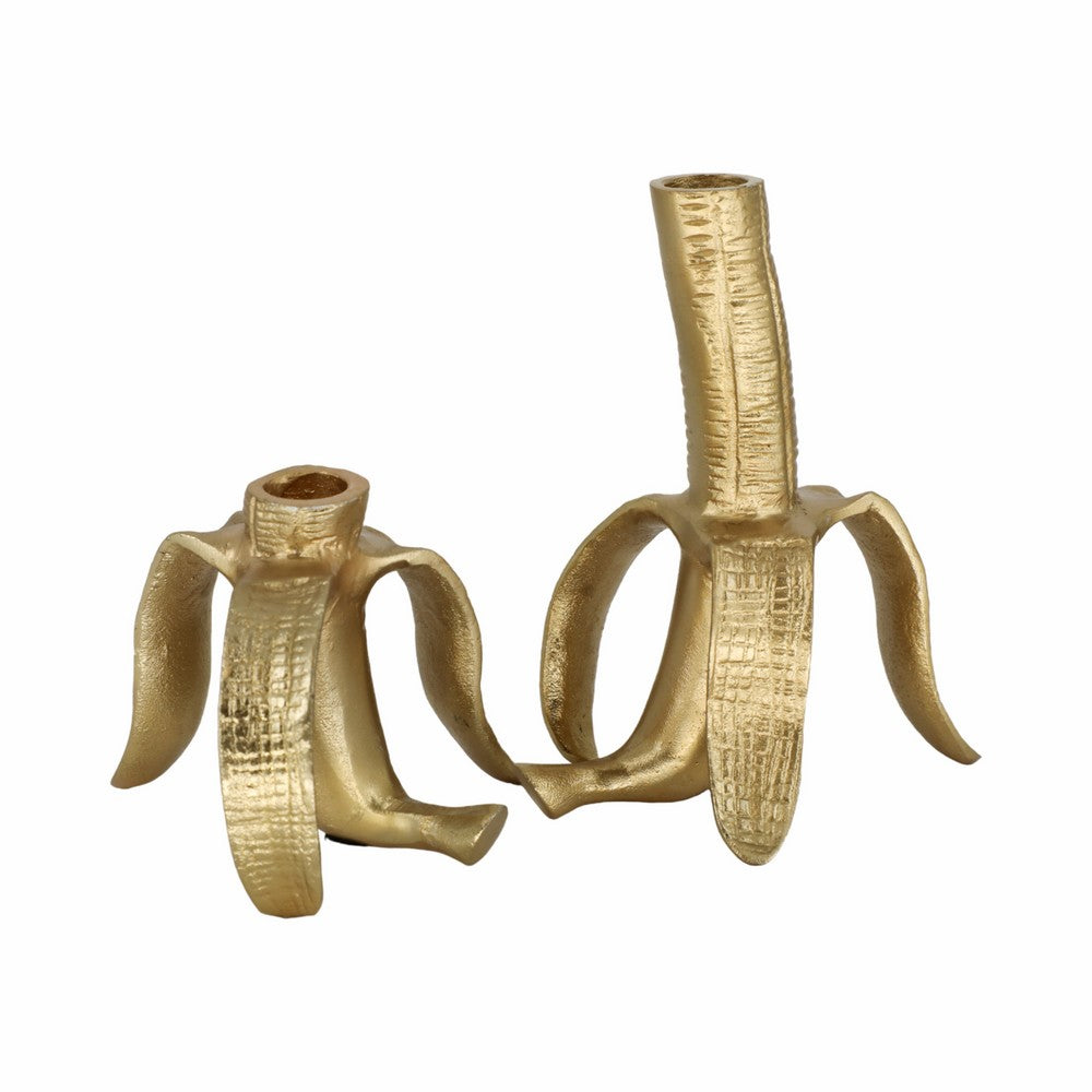 Decorative Taper Candle Holder Set of 2 | Gold Aluminum Banana Design