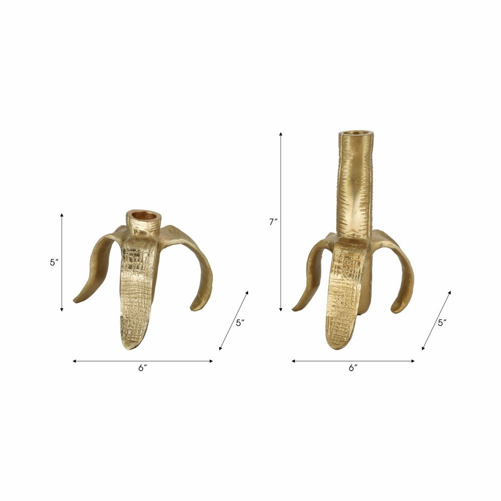Decorative Taper Candle Holder Set of 2 | Gold Aluminum Banana Design