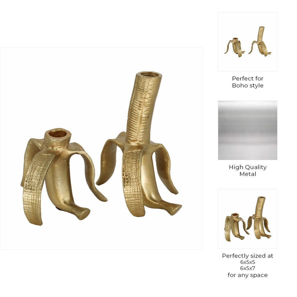 Decorative Taper Candle Holder Set of 2 | Gold Aluminum Banana Design