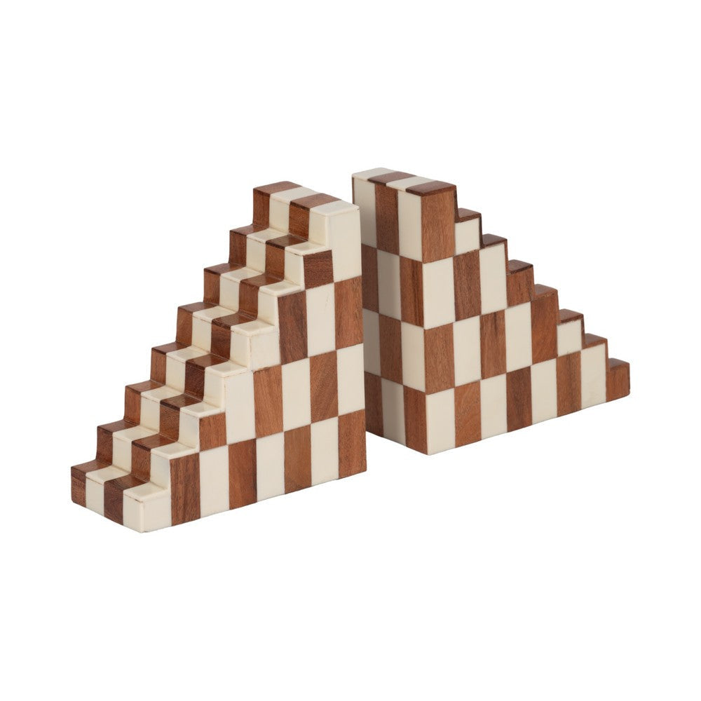 Decorative Checkerboard Bookend Set of 2 | Brown Ivory Staircase Style SBH-18926