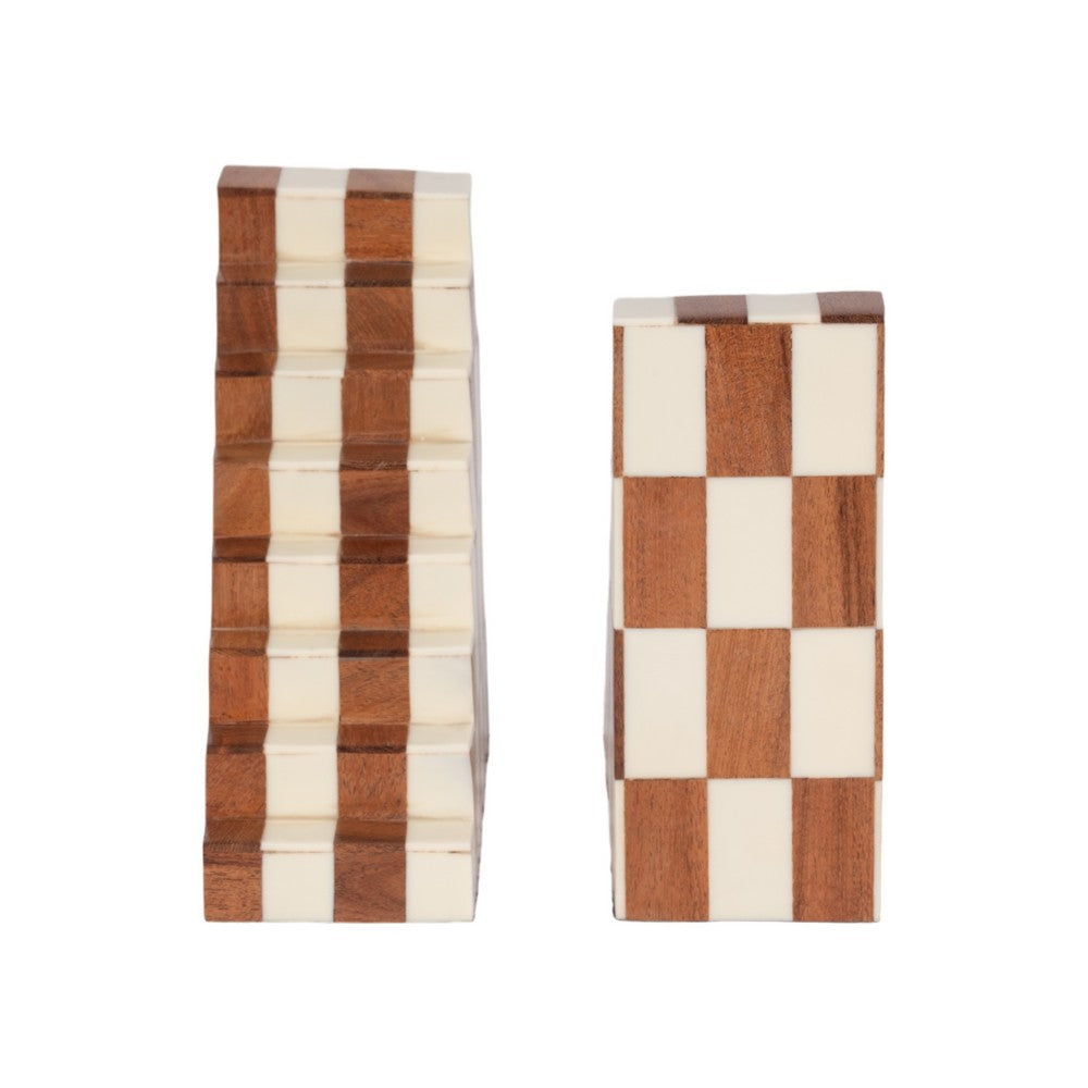 Decorative Checkerboard Bookend Set of 2 | Brown Ivory Staircase Style