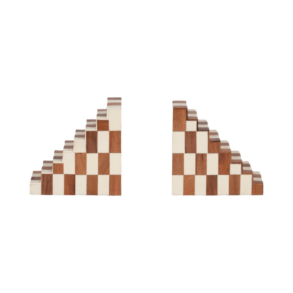 Decorative Checkerboard Bookend Set of 2 | Brown Ivory Staircase Style SBH-18926