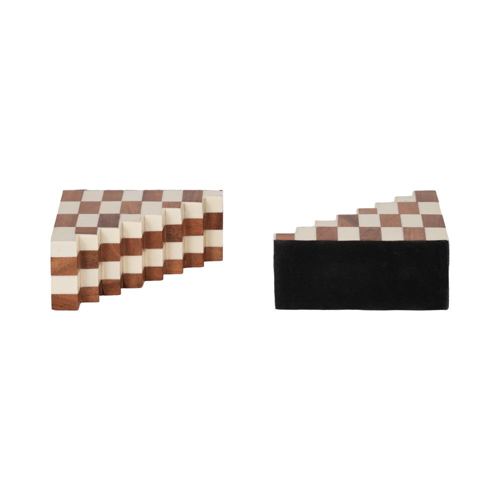 Decorative Checkerboard Bookend Set of 2 | Brown Ivory Staircase Style