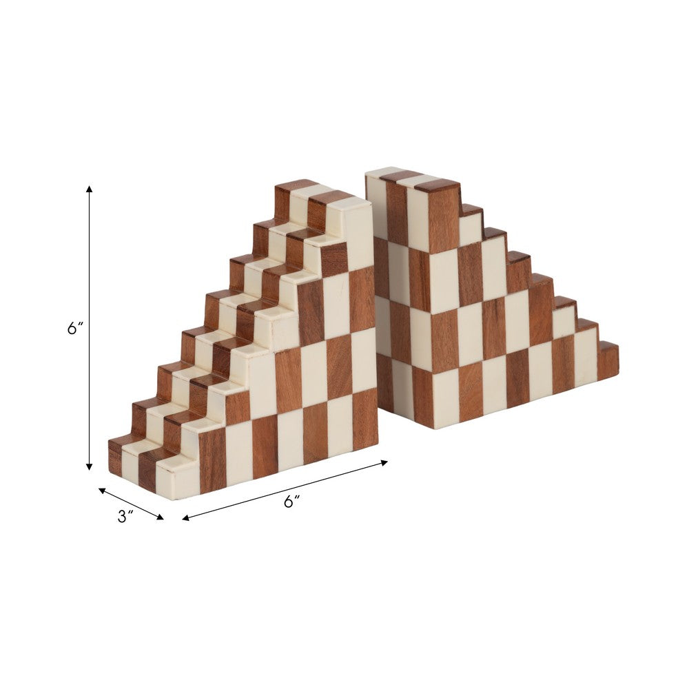 Decorative Checkerboard Bookend Set of 2 | Brown Ivory Staircase Style