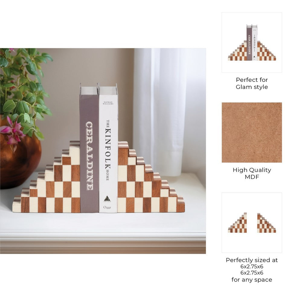 Decorative Checkerboard Bookend Set of 2 | Brown Ivory Staircase Style