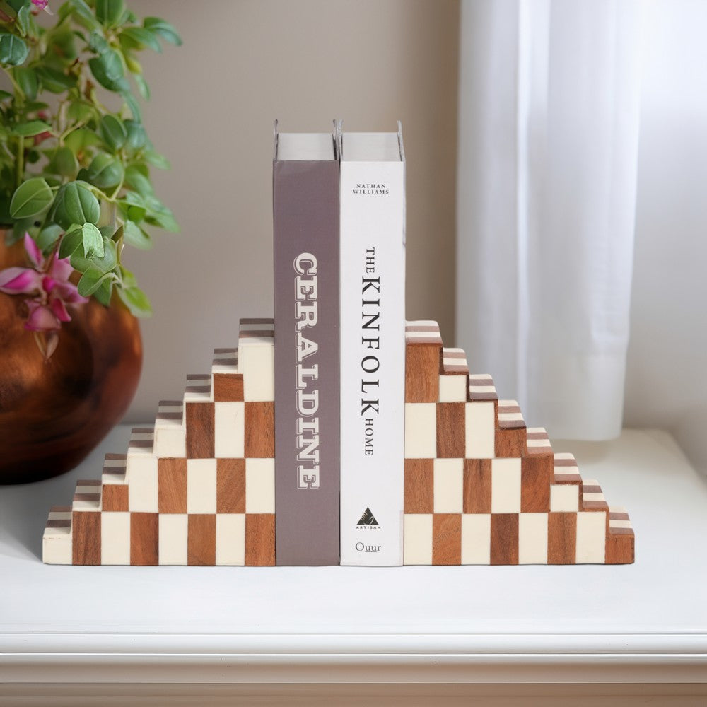 Decorative Checkerboard Bookend Set of 2 | Brown Ivory Staircase Style
