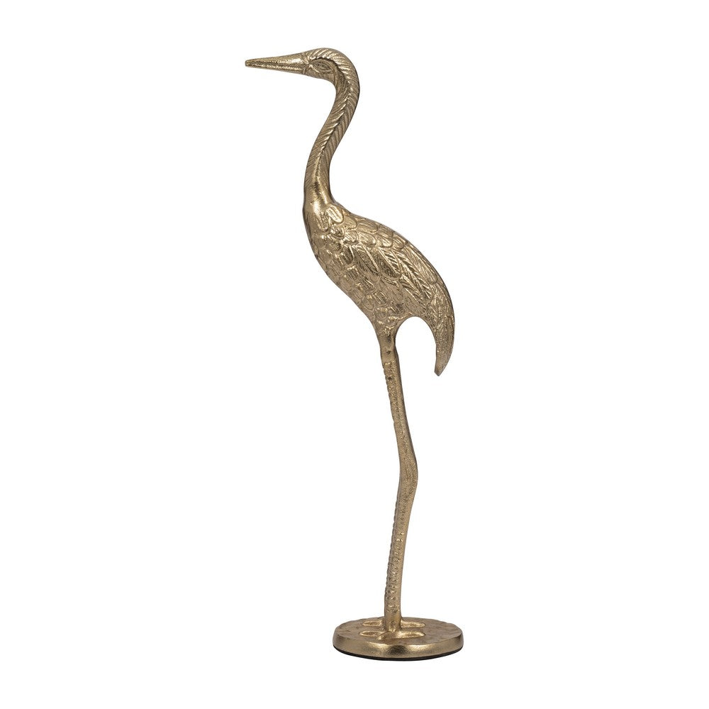 Decorative Standing Crane Figurine | 16" Statuette | Gold Metal