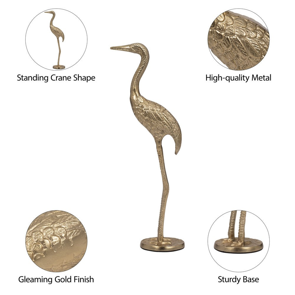 Decorative Standing Crane Figurine | 16" Statuette | Gold Metal