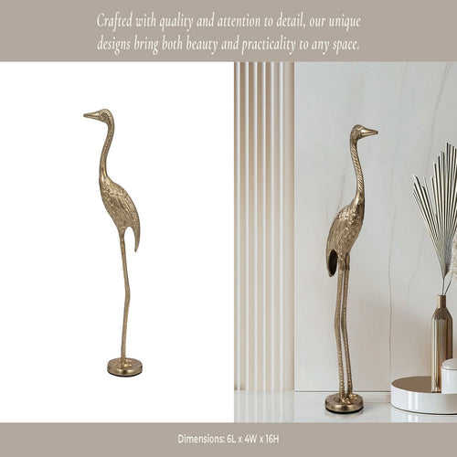 Decorative Standing Crane Figurine | 16" Statuette | Gold Metal