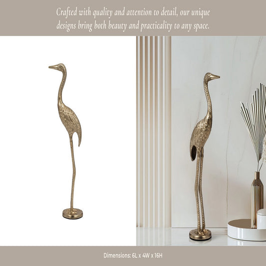Decorative Standing Crane Figurine | 16" Statuette | Gold Metal