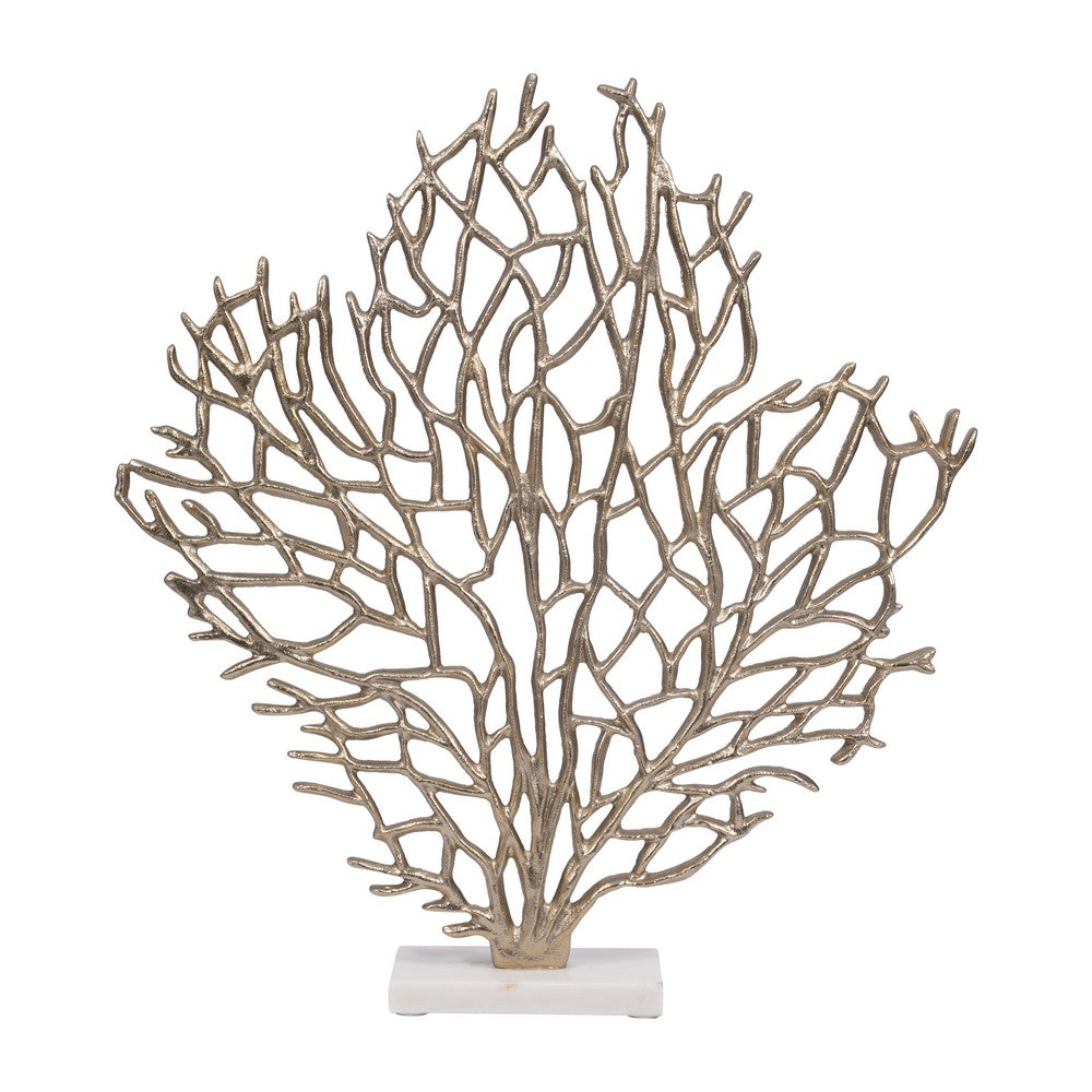 Tabletop Decor | Ocean Coral Sculpture White Marble Base | Gold Metal 21"