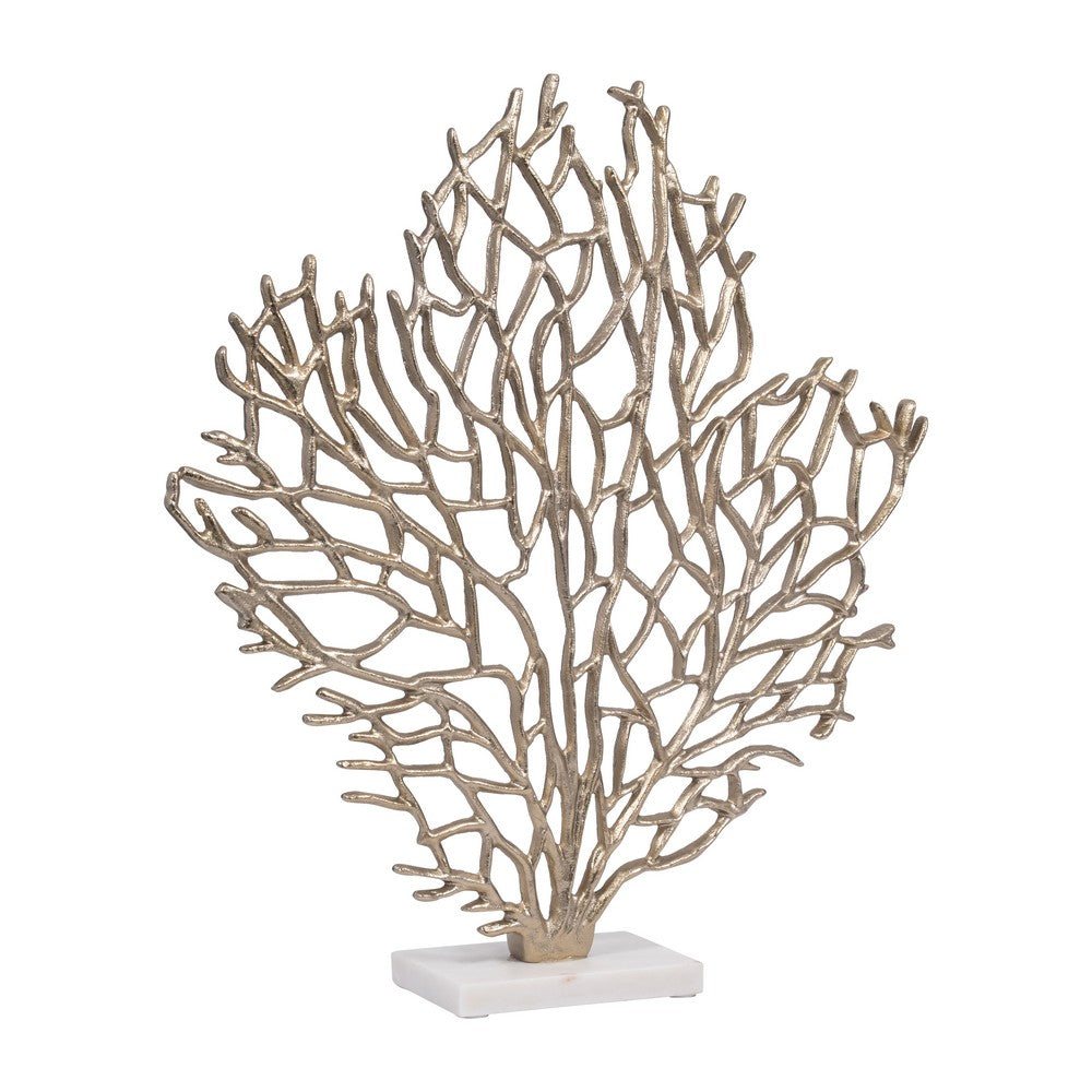 Tabletop Decor | Ocean Coral Sculpture White Marble Base | Gold Metal 21"
