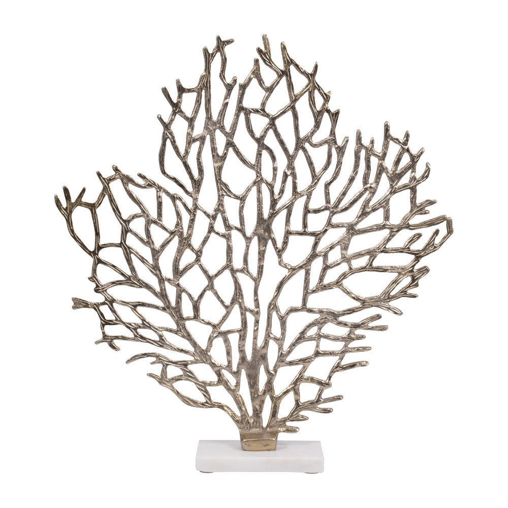 Tabletop Decor | Ocean Coral Sculpture White Marble Base | Gold Metal 21"