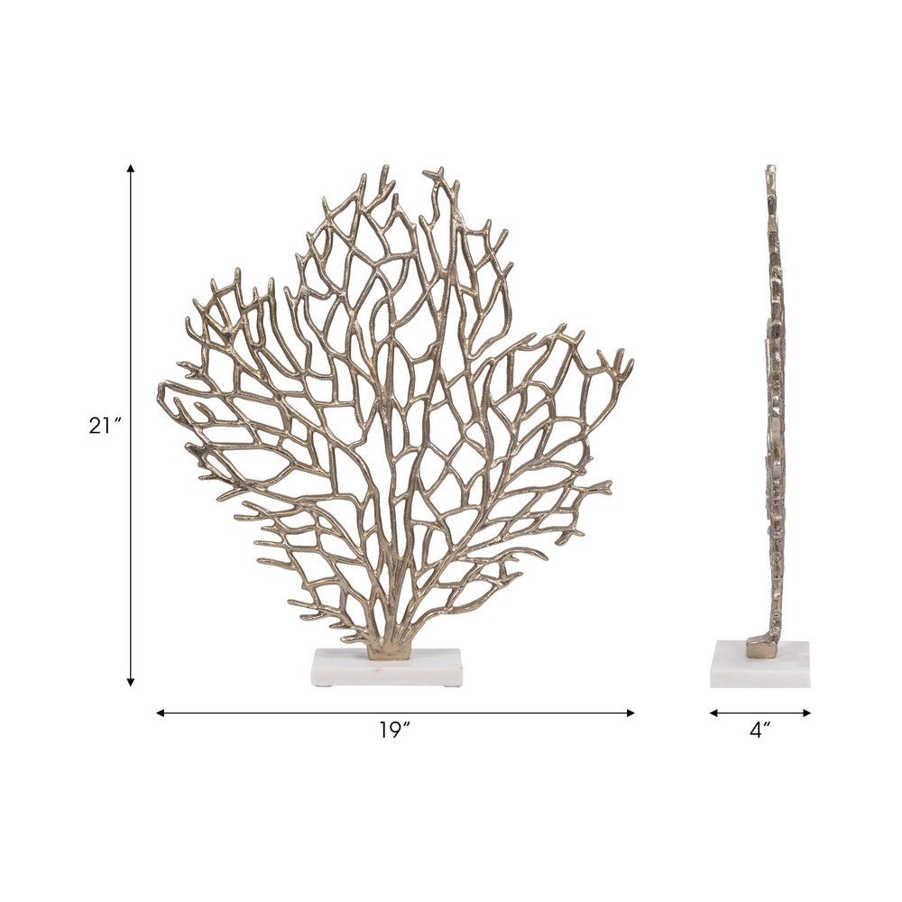 Tabletop Decor | Ocean Coral Sculpture White Marble Base | Gold Metal 21"