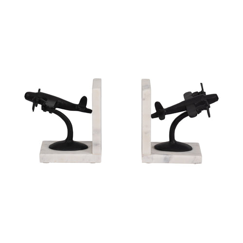 Vintage Airplane Bookend Set of 2 | White Marble Base | Black Metal | 6"