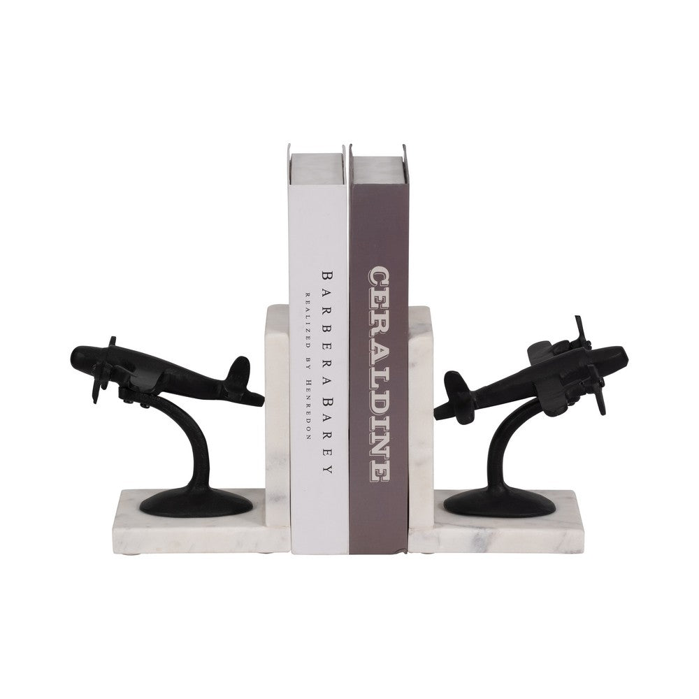 Vintage Airplane Bookend Set of 2 | White Marble Base | Black Metal | 6"