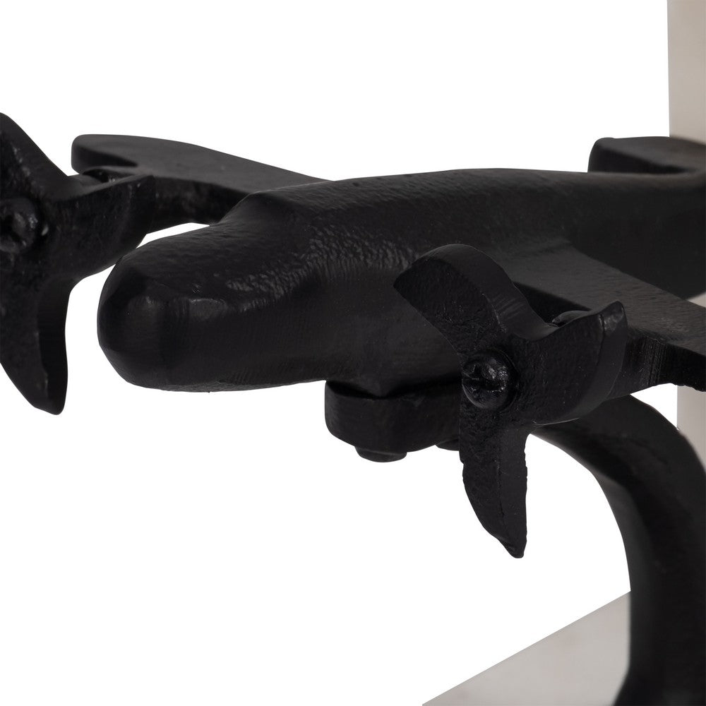 Vintage Airplane Bookend Set of 2 | White Marble Base | Black Metal | 6"