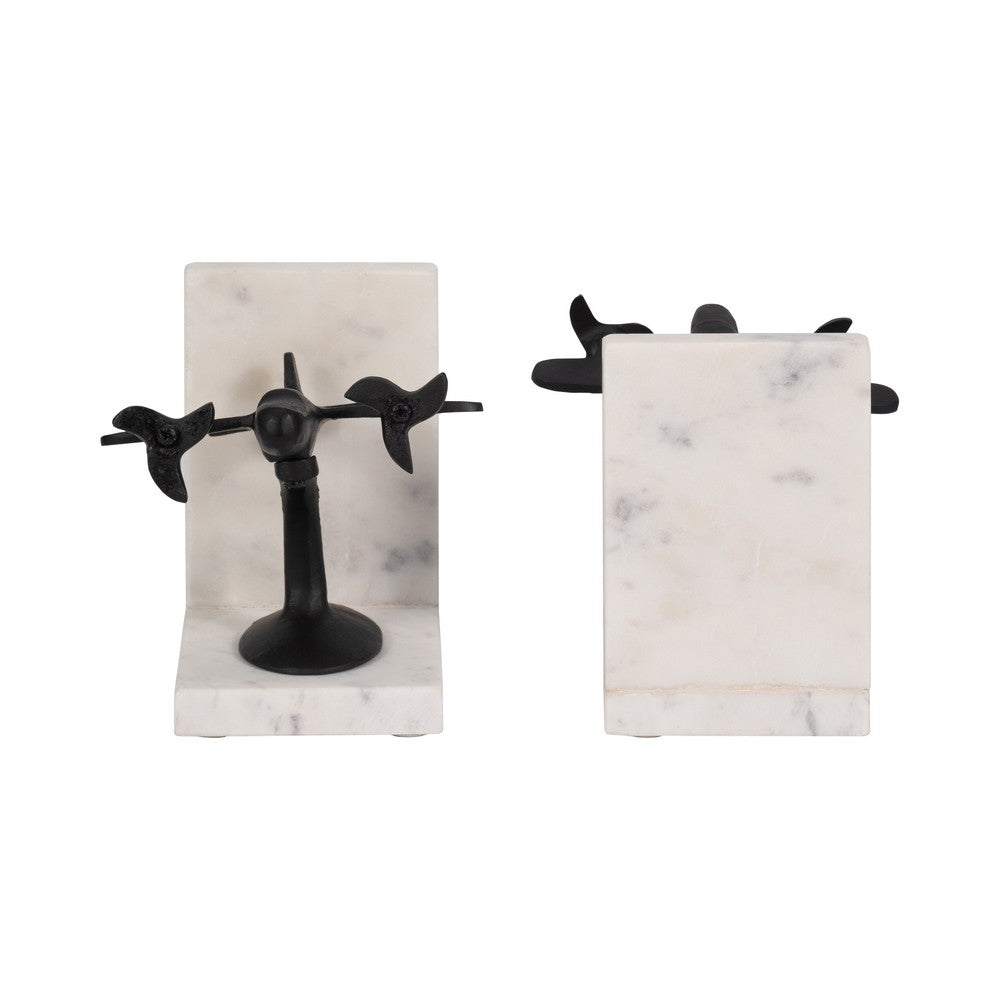 Vintage Airplane Bookend Set of 2 | White Marble Base | Black Metal | 6"