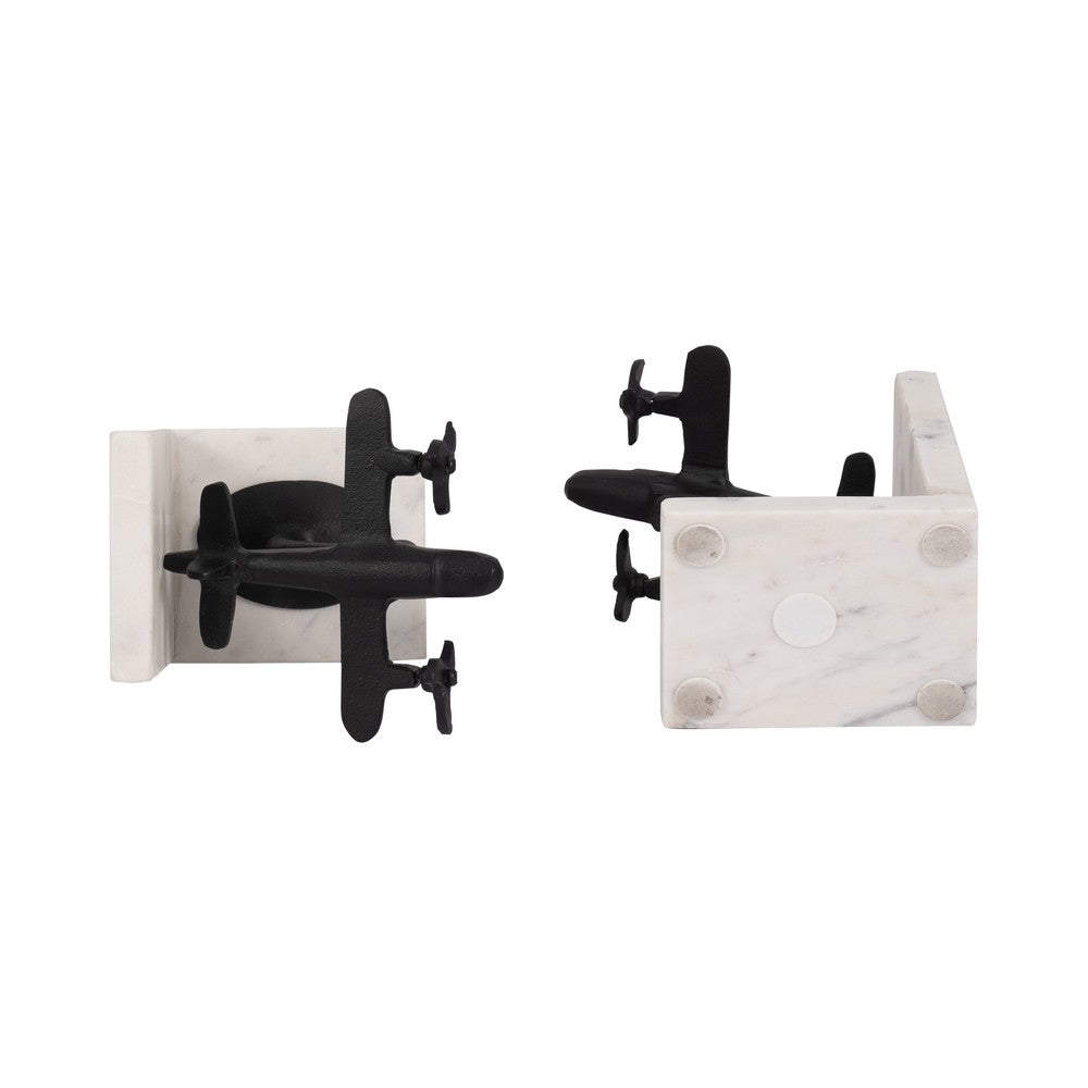 Vintage Airplane Bookend Set of 2 | White Marble Base | Black Metal | 6"