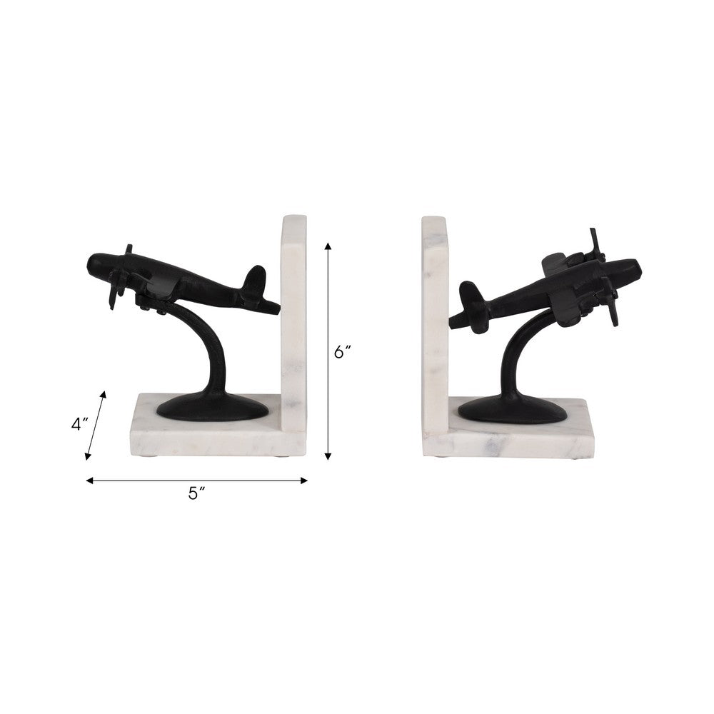 Vintage Airplane Bookend Set of 2 | White Marble Base | Black Metal | 6"