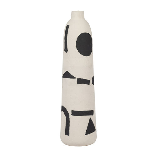 Funky Vase | Black Geometric Suar Wood Accents | 15" Ivory Ceramic