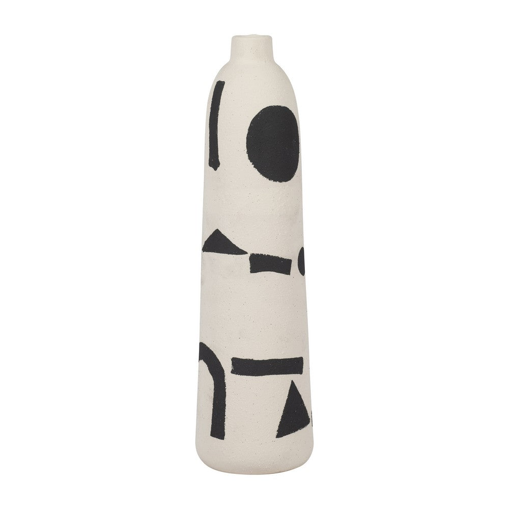 Funky Vase | Black Geometric Suar Wood Accents | 15" Ivory Ceramic