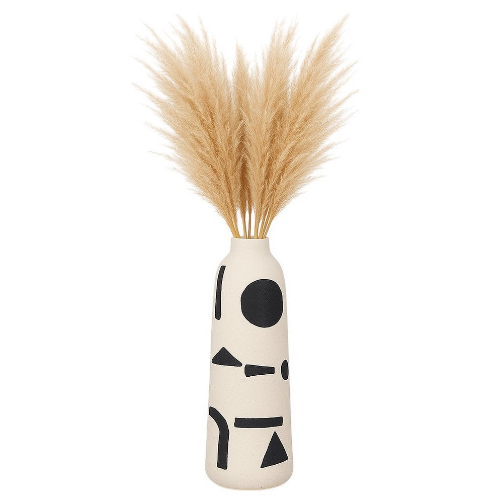 Funky Vase | Black Geometric Suar Wood Accents | 15" Ivory Ceramic