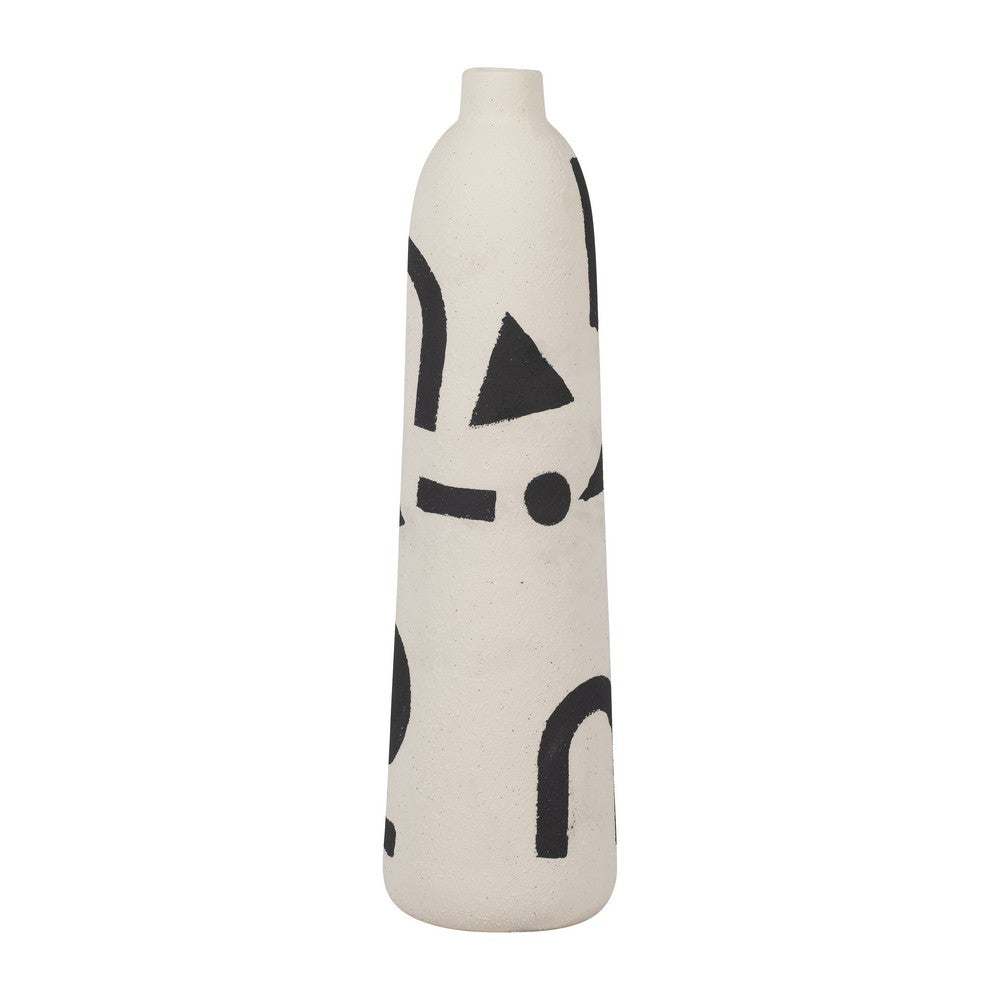 Funky Vase | Black Geometric Suar Wood Accents | 15" Ivory Ceramic