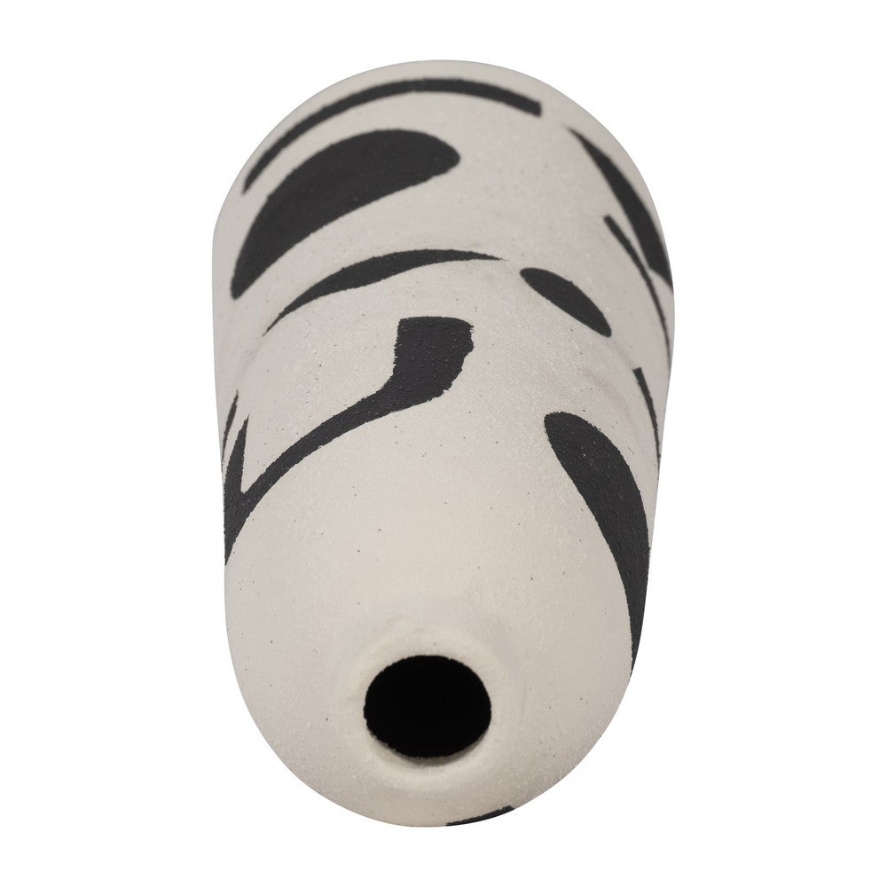 Funky Vase | Black Geometric Suar Wood Accents | 15" Ivory Ceramic