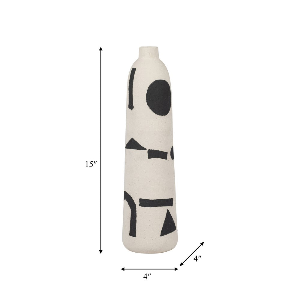 Funky Vase | Black Geometric Suar Wood Accents | 15" Ivory Ceramic