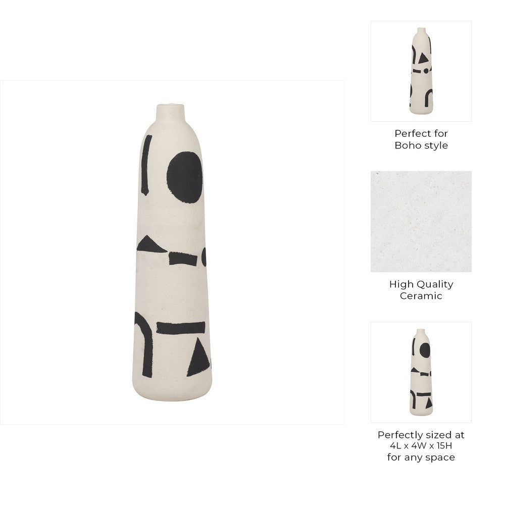 Funky Vase | Black Geometric Suar Wood Accents | 15" Ivory Ceramic