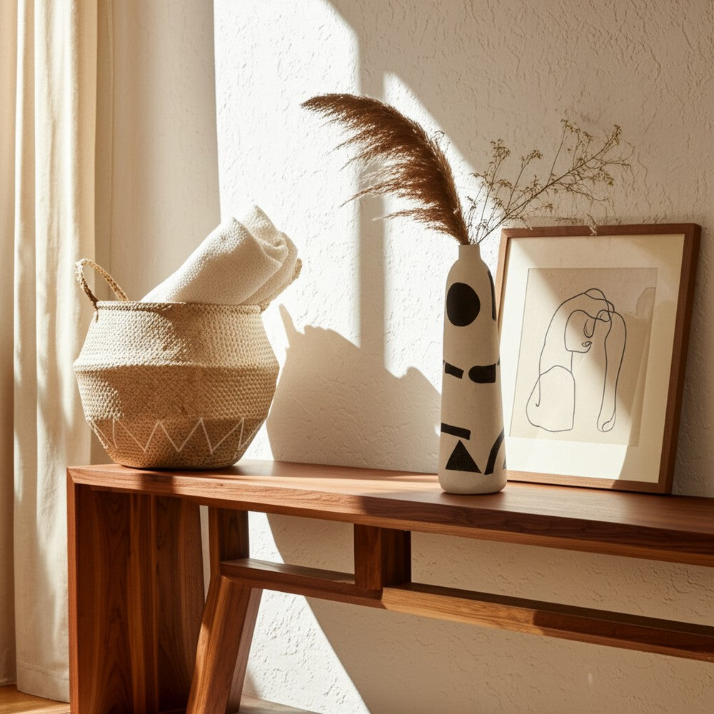 Funky Vase | Black Geometric Suar Wood Accents | 15" Ivory Ceramic