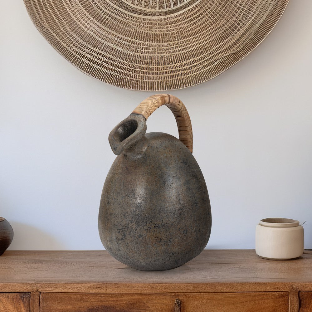 Jug Vase w Woven Rattan Handle | Rustic Black & Brown Terracotta
