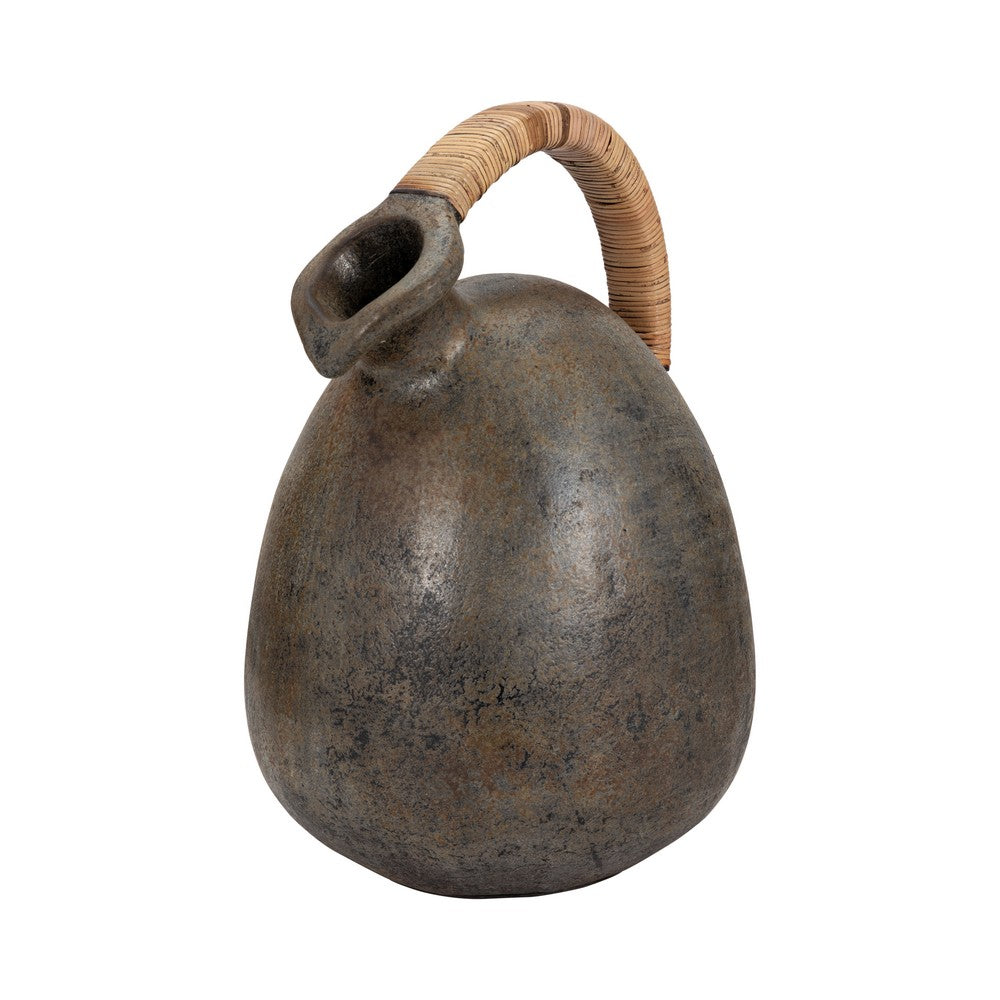 Jug Vase w Woven Rattan Handle | Rustic Black & Brown Terracotta