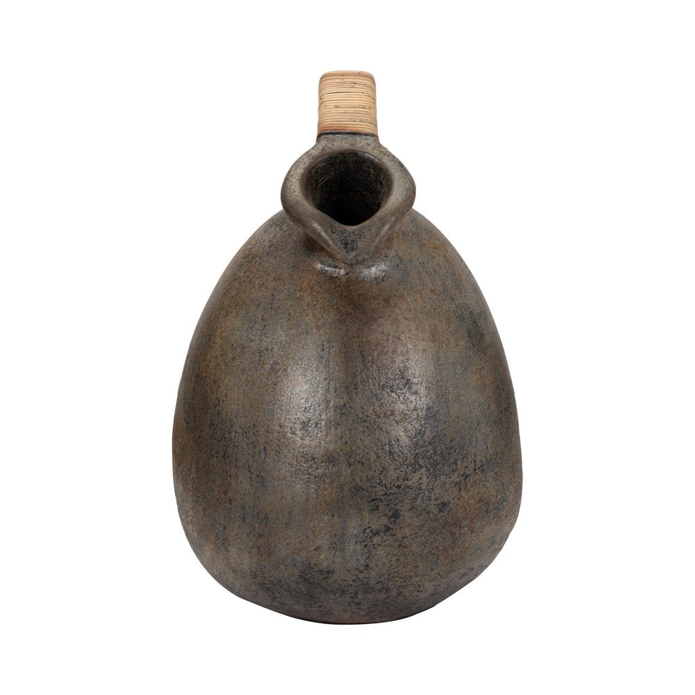 Jug Vase w Woven Rattan Handle | Rustic Black & Brown Terracotta