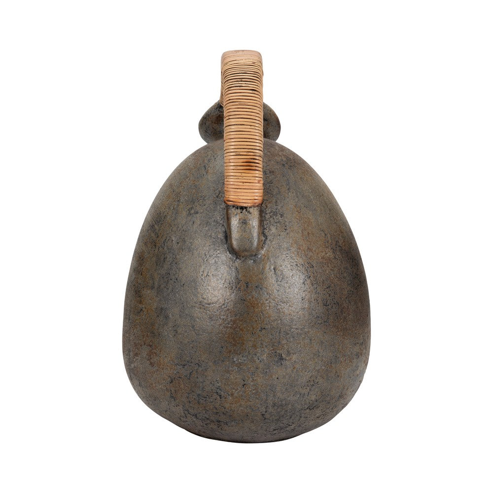 Jug Vase w Woven Rattan Handle | Rustic Black & Brown Terracotta
